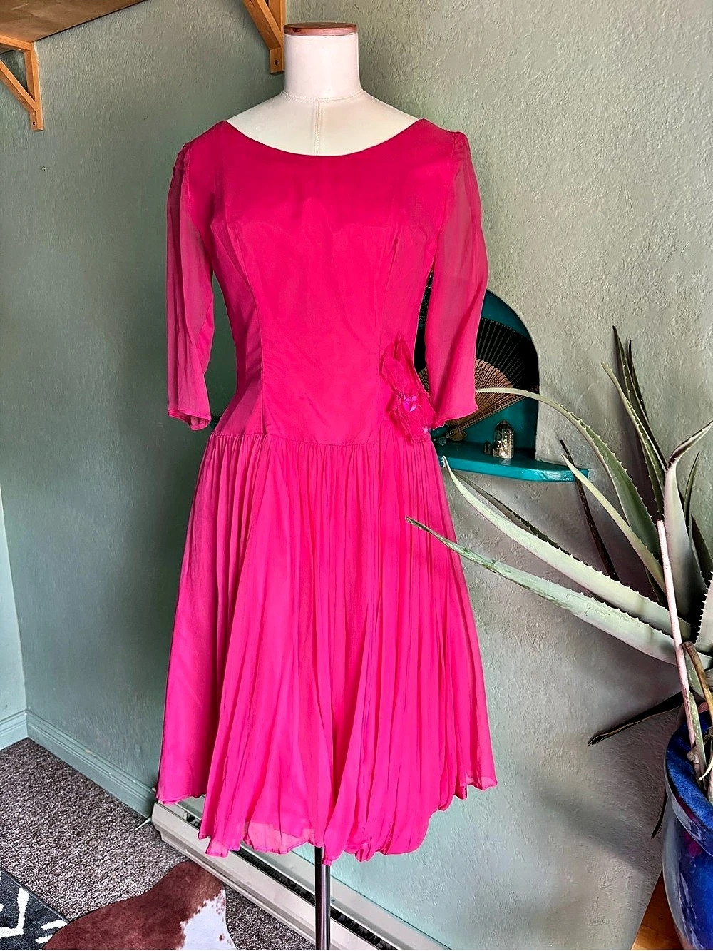 Vintage 1950s Hot Pink Chiffon Fit and Flare Party Dress